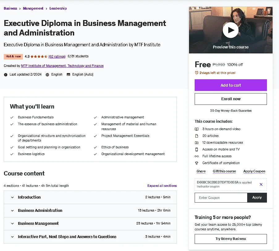 Free Udemy Course: Executive Diploma in Business Management and Administration