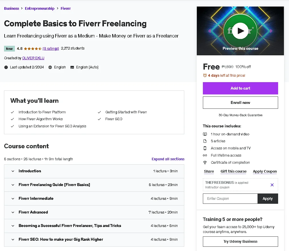 Free Udemy Course: Complete Basics to Fiverr Freelancing