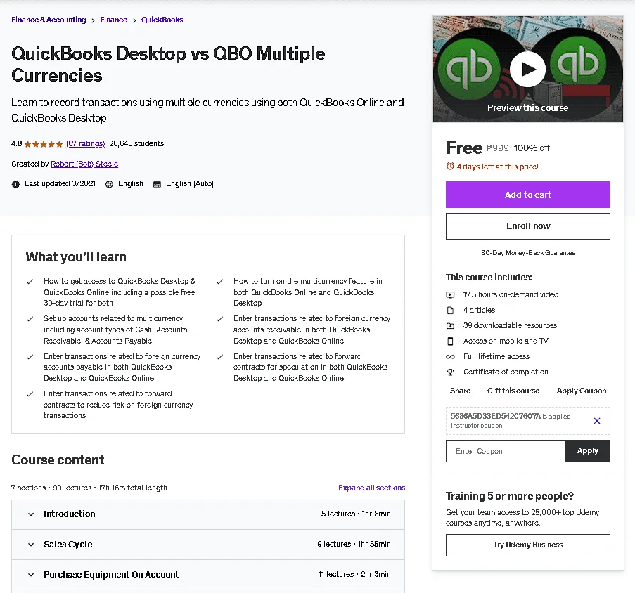 Free Udemy Course: QuickBooks Desktop vs QBO Multiple Currencies
