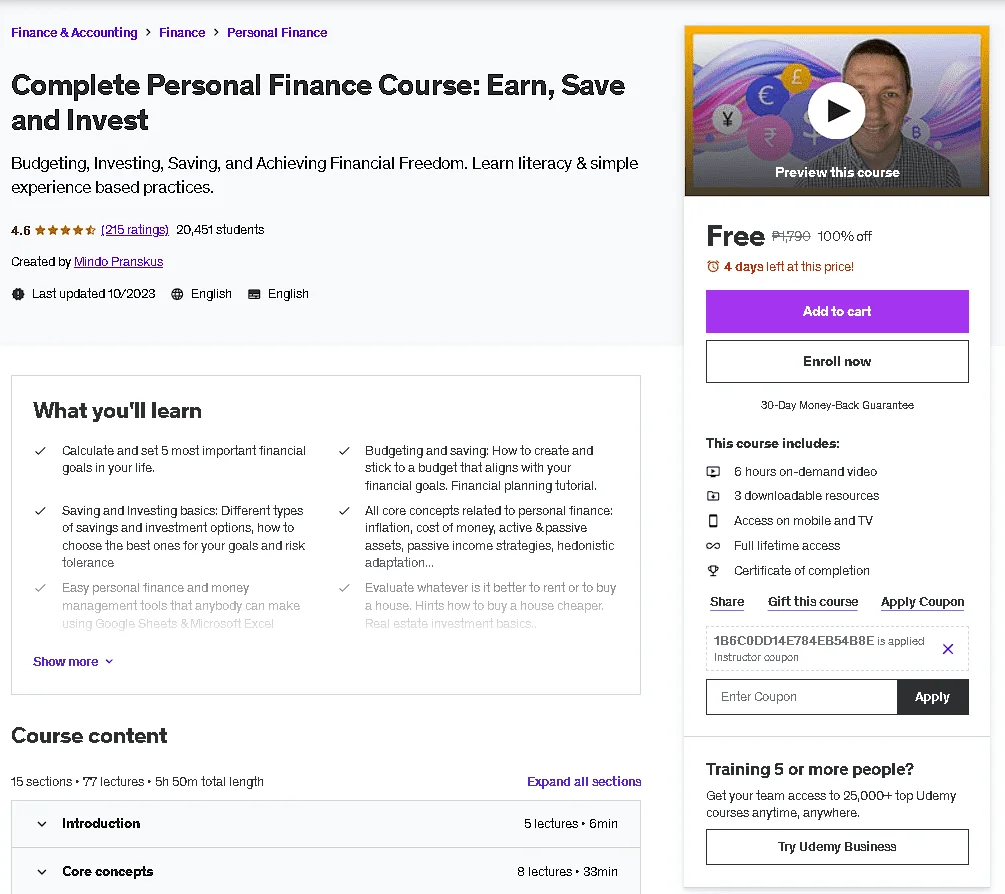 Free Udemy Course: Complete Personal Finance Course: Earn, Save and Invest