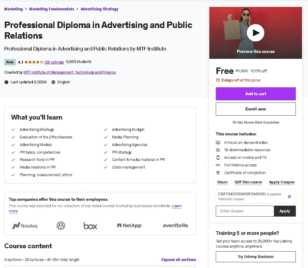 Free Udemy Course: Professional Diploma in Advertising and Public Relations