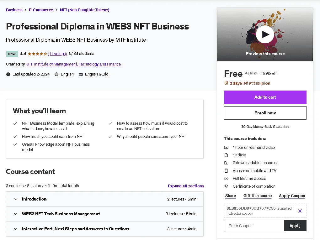 Free Udemy Course: Professional Diploma in WEB3 NFT Business