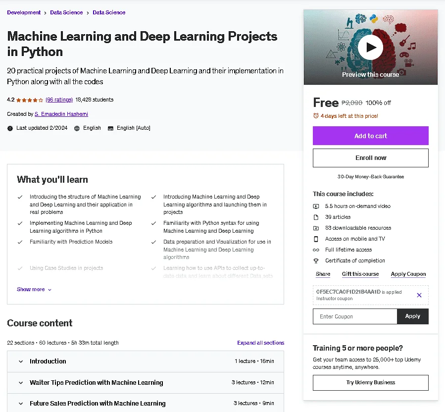 Free Udemy Course: Machine Learning and Deep Learning Projects in Python