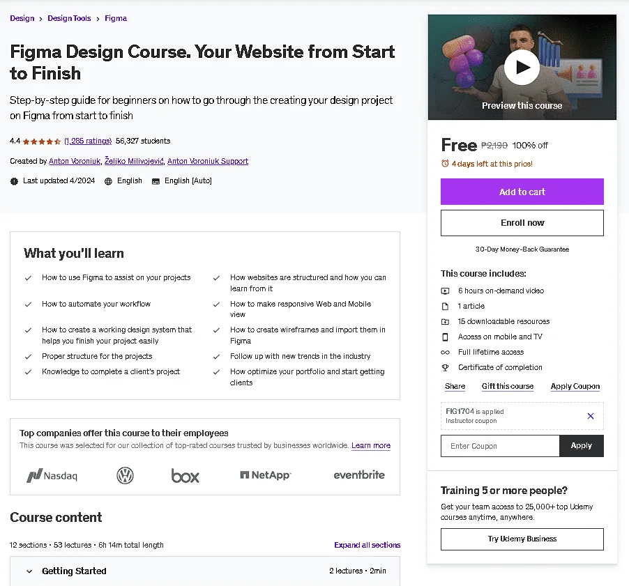 Free Udemy Course: Figma Design Course. Your Website from Start to Finish
