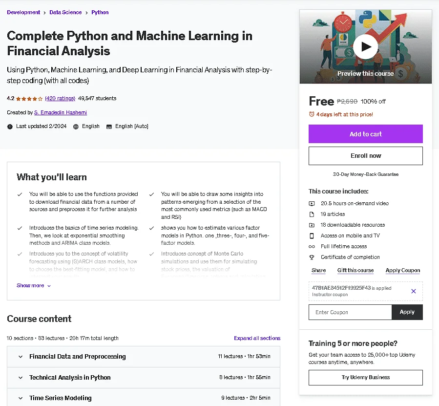 Free Udemy Course: Complete Python and Machine Learning in Financial Analysis
