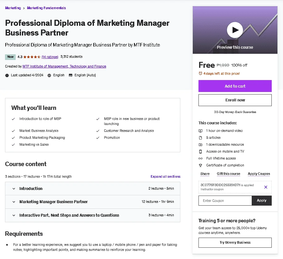 Free Udemy Course: Professional Diploma of Marketing Manager Business Partner