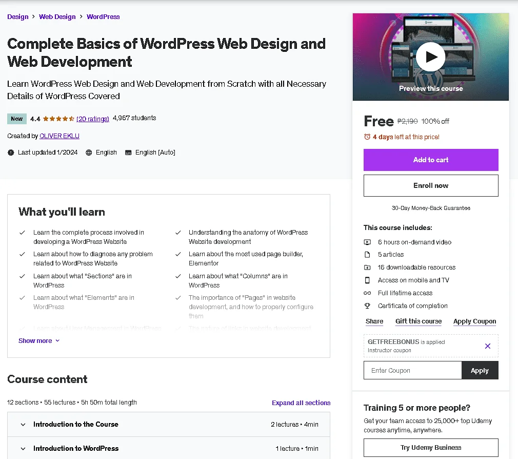 Free Udemy Course: Complete Basics of WordPress Web Design and Web Development
