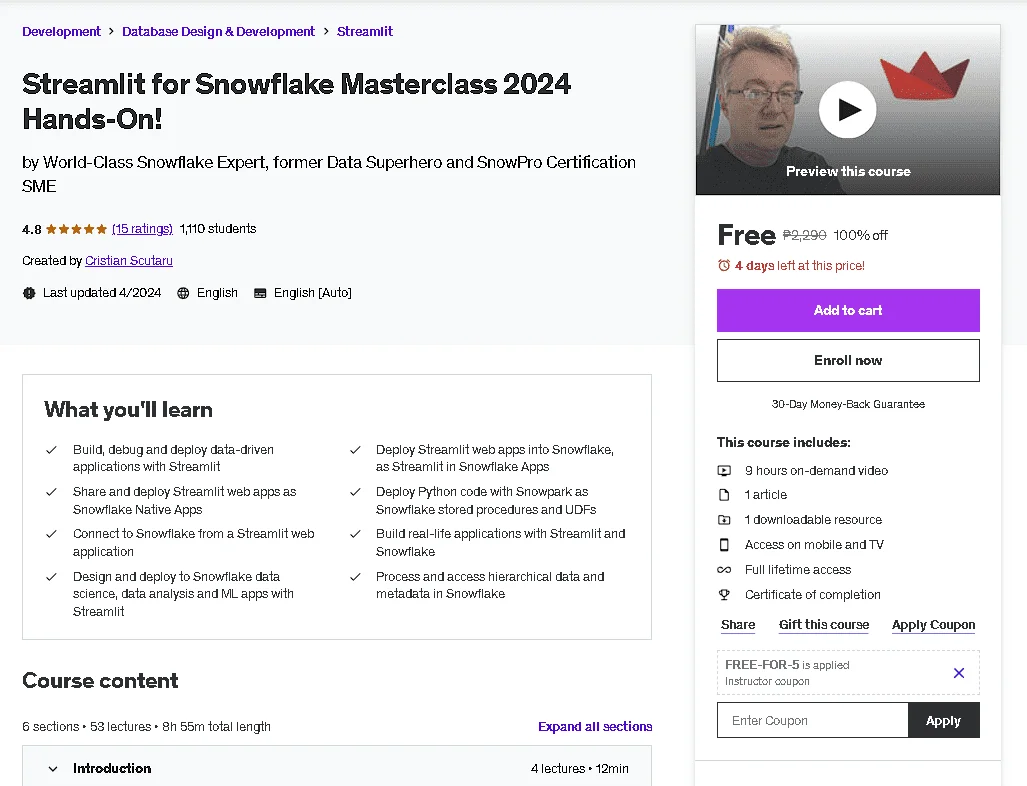 Free Udemy Course: Streamlit for Snowflake Masterclass 2024 Hands-On!