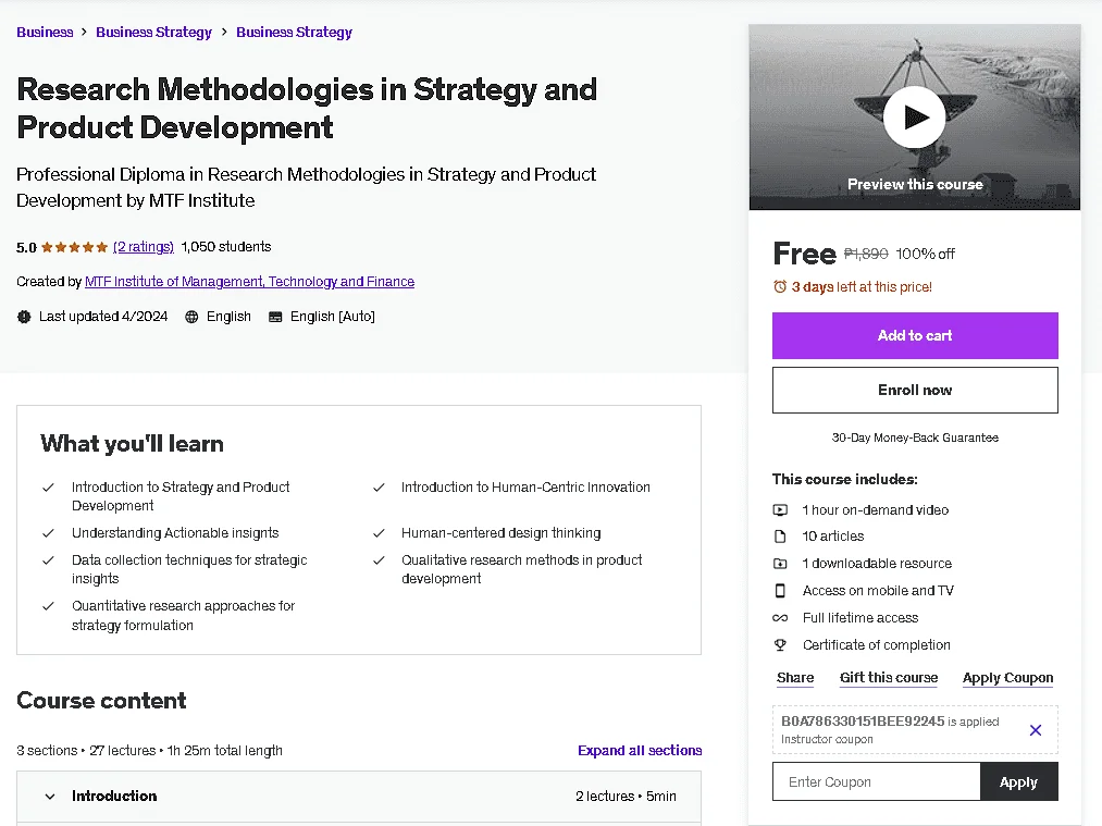 Free Udemy Course: Research Methodologies in Strategy and Product Development