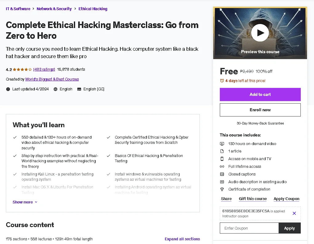 Free Udemy Course: Complete Ethical häçking Masterclass: Go from Zero to Hero