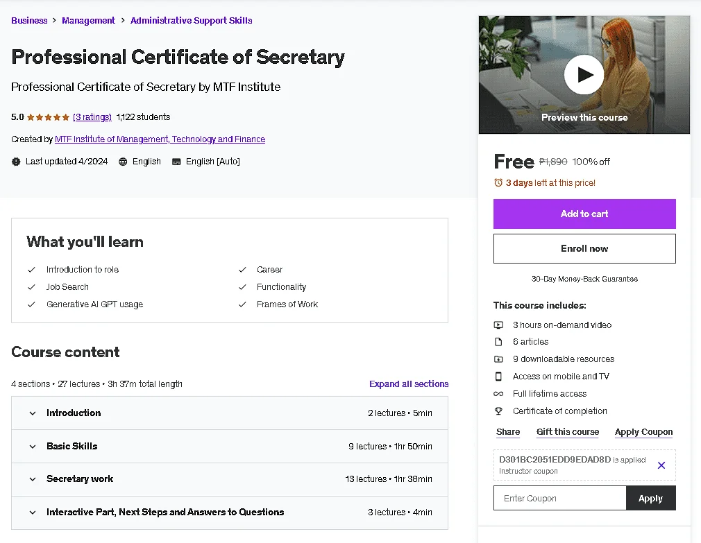 Free Udemy Course: Professional Certificate of Secretary