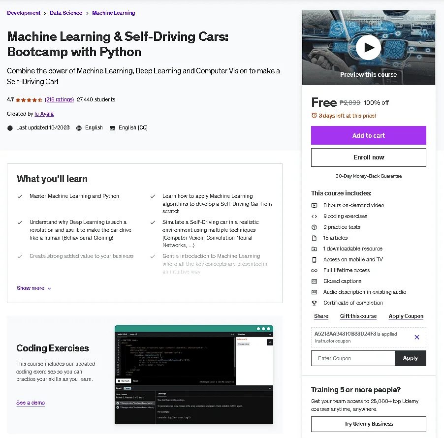 Free Udemy Course: Machine Learning & Self-Driving Cars: Bootcamp with Python