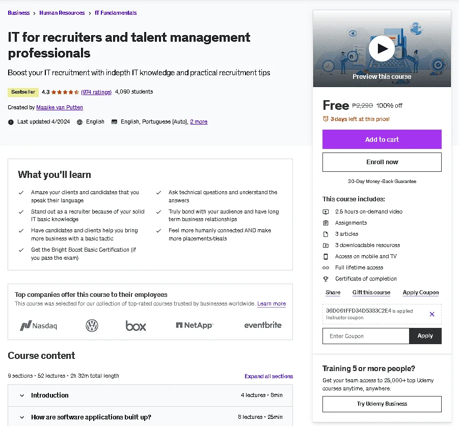 Free Udemy Course: IT for recruiters and talent management professionals (Bestseller)