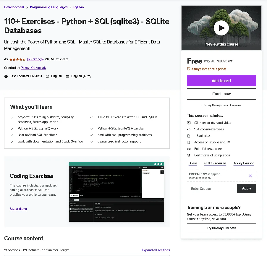 Free Udemy Course: 110+ Exercises - Python + SQL (sqlite3) - SQLite Databases