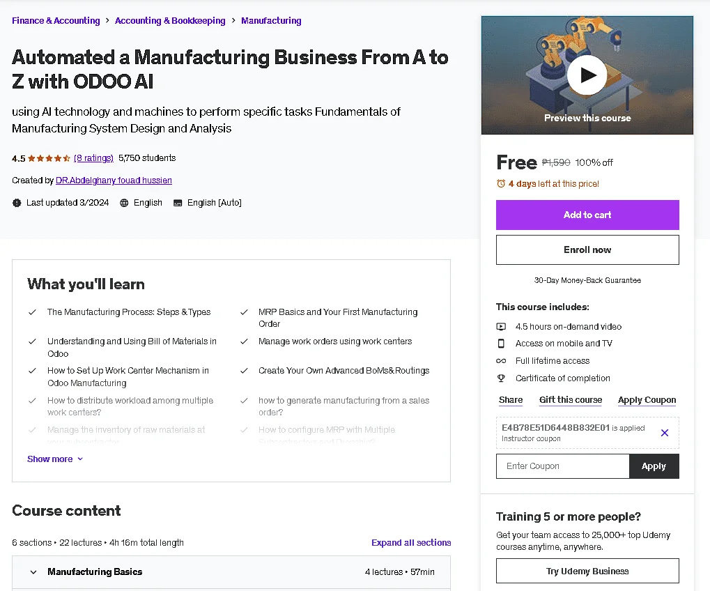 Free Udemy Course: Automated a Manufacturing Business From A to Z with ODOO AI