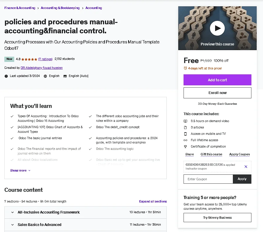 Free Udemy Course: policies and procedures manual-accounting&financial control.