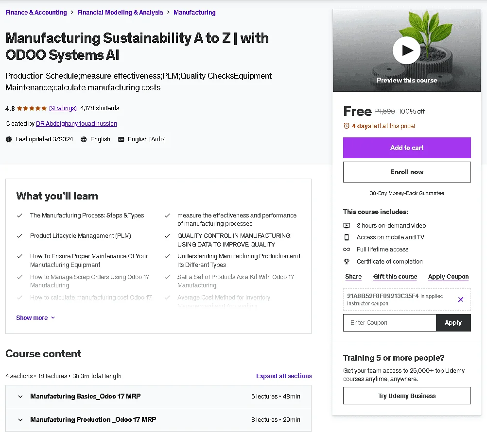 Free Udemy Course: Manufacturing Sustainability A to Z | with ODOO Systems AI