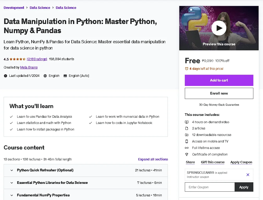 Free Udemy Course: Data Manipulation in Python: Master Python, Numpy & Pandas