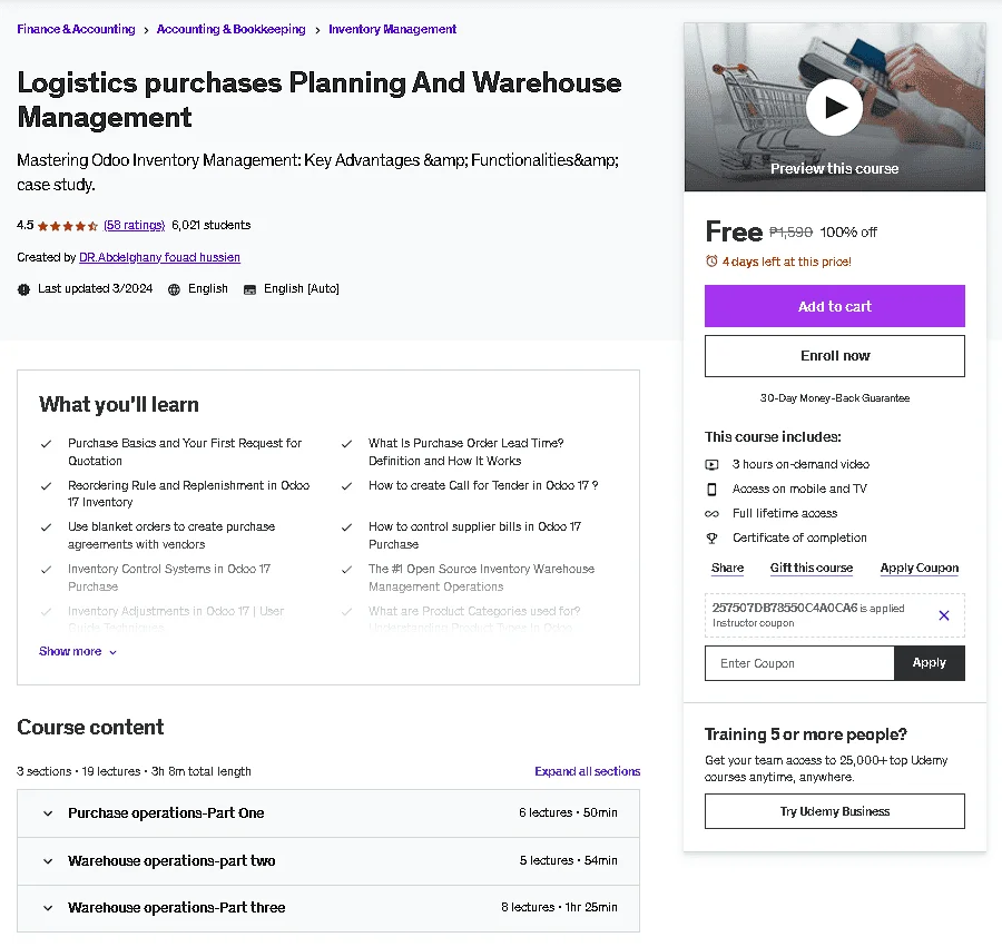 Free Udemy Course: Logistics purchases Planning And Warehouse Management
