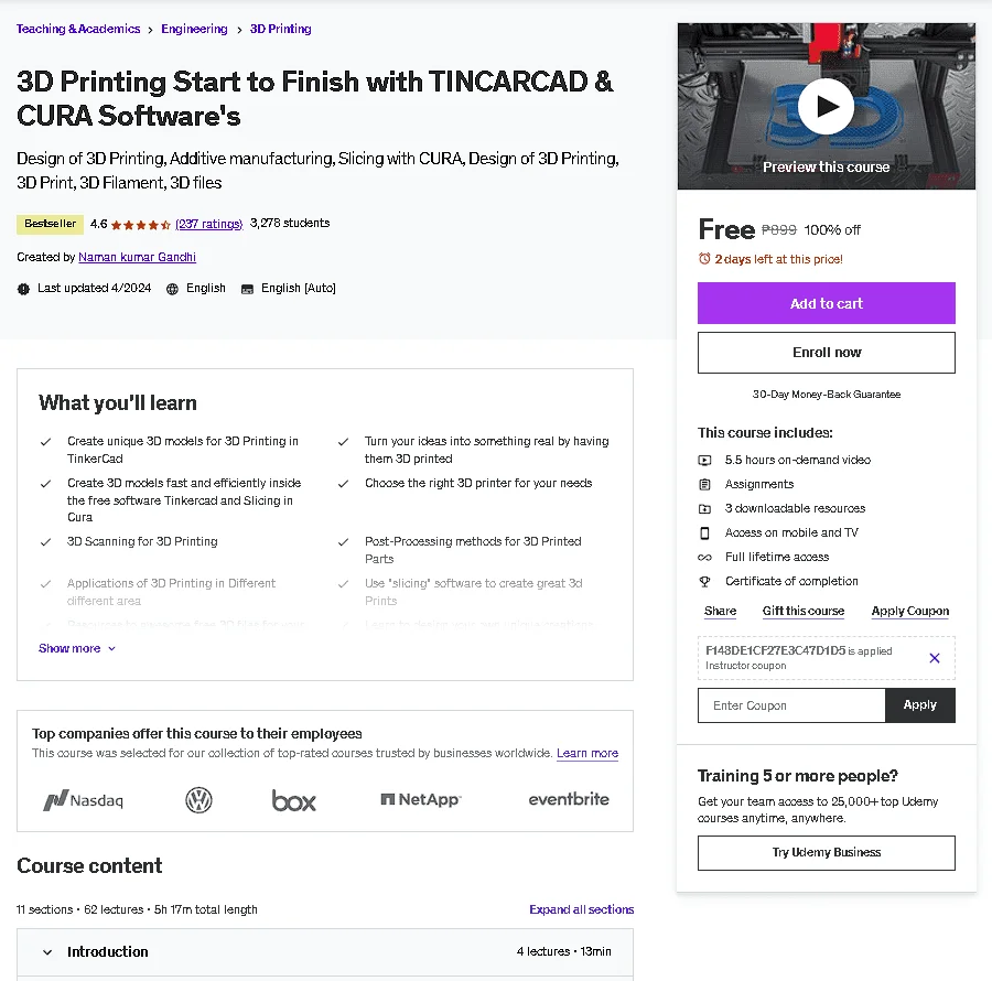 Free Udemy Course: 3D Printing Start to Finish with TINCARCAD & CURA Software's (Bestseller)