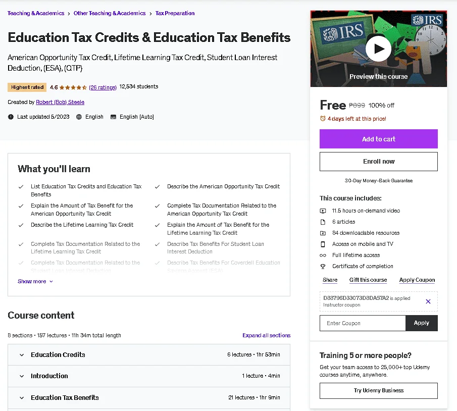 Free Udemy Course: Education Tax Credits & Education Tax Benefits (Highest Rated)
