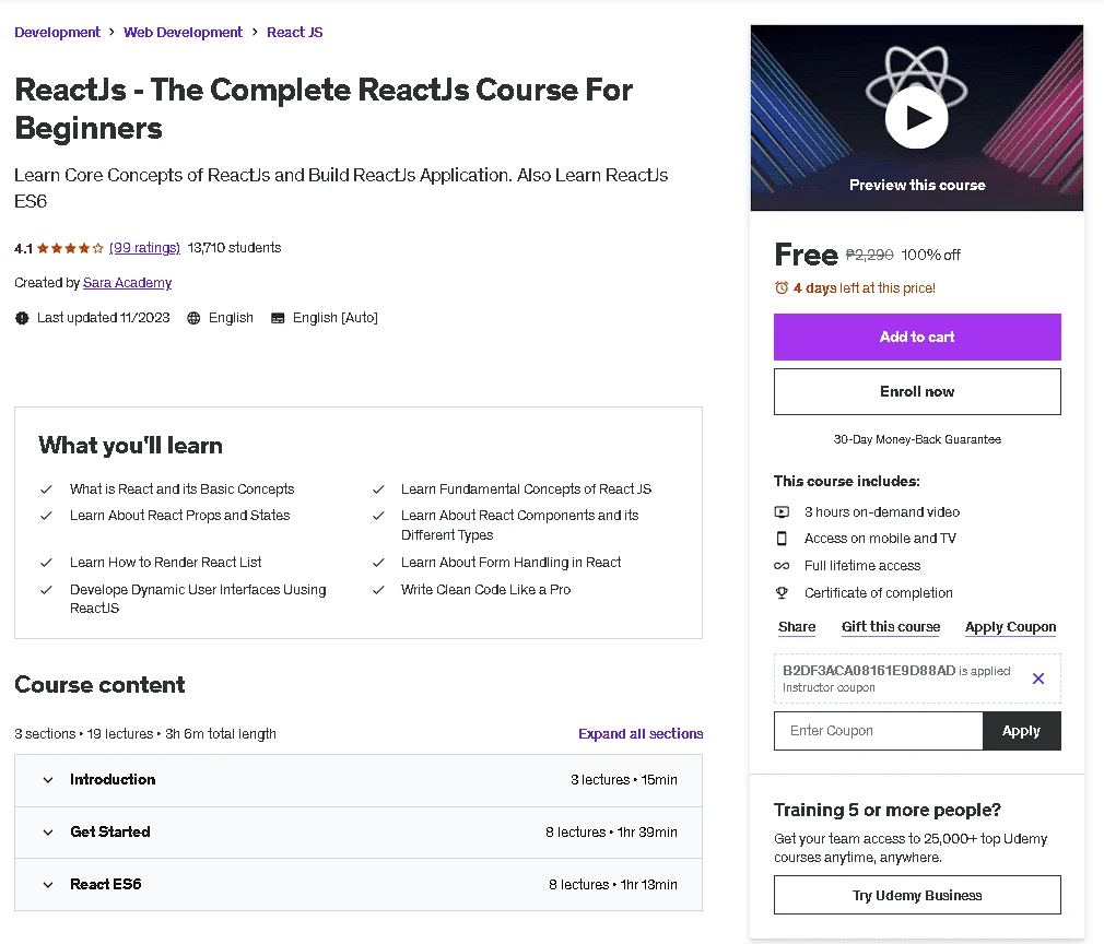 Free Udemy Course: ReactJs - The Complete ReactJs Course For Beginners