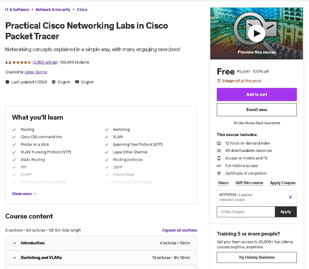 Free Udemy Course: Practical Cisco Networking Labs in Cisco Packet Tracer