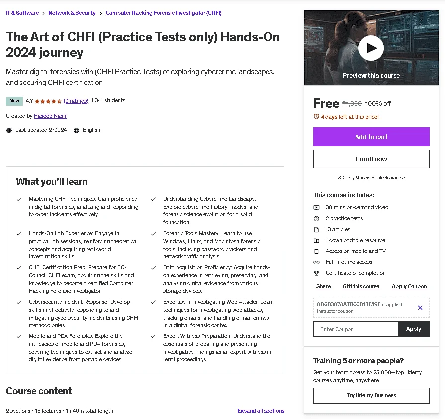 Free Udemy Course: The Art of CHFI (Practice Tests only) Hands-On 2024 journey