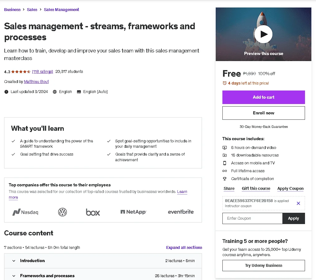 Free Udemy Course: Sales management - streams, frameworks and processes