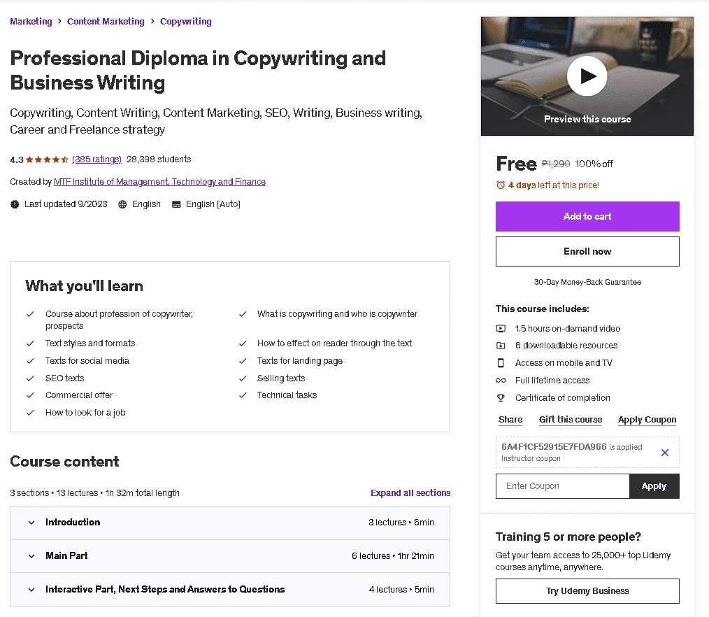 Free Udemy Course: Professional Diploma in Copywriting and Business Writing