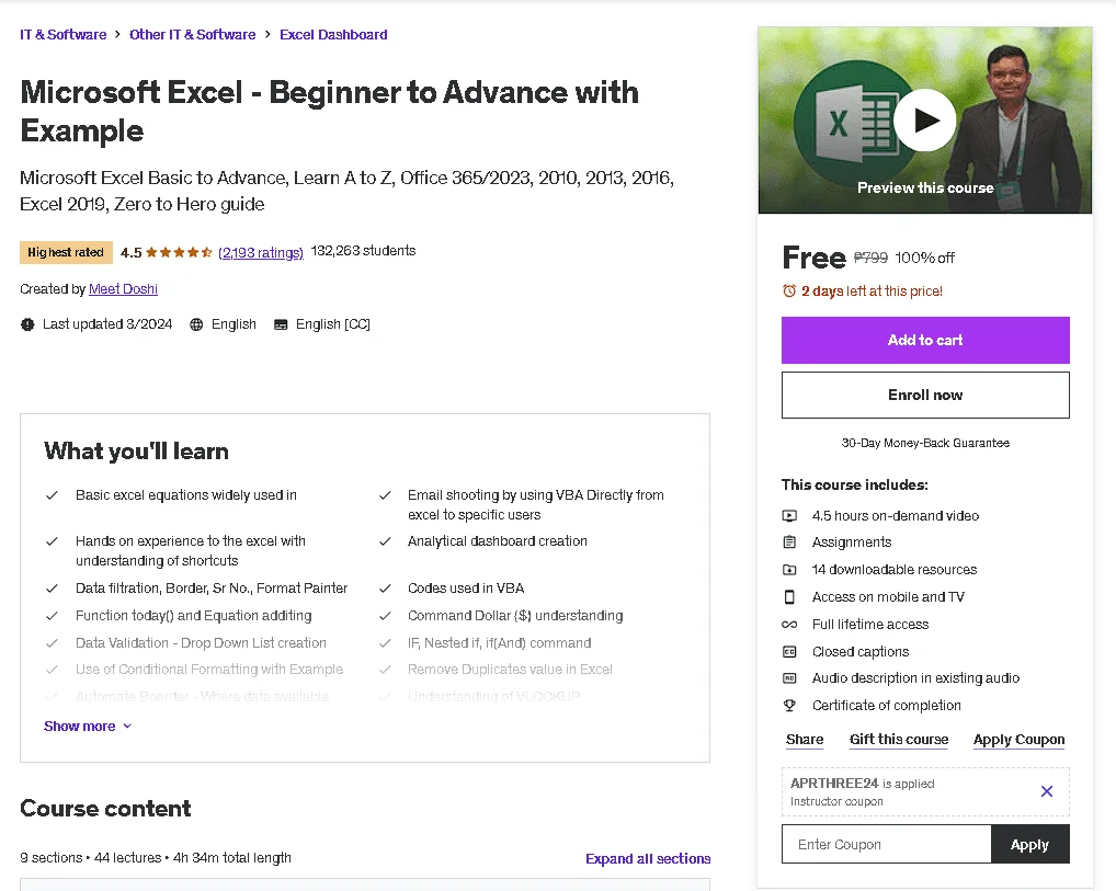 Free Udemy Course: Microsoft Excel - Beginner to Advance with Example (Highest Rated)