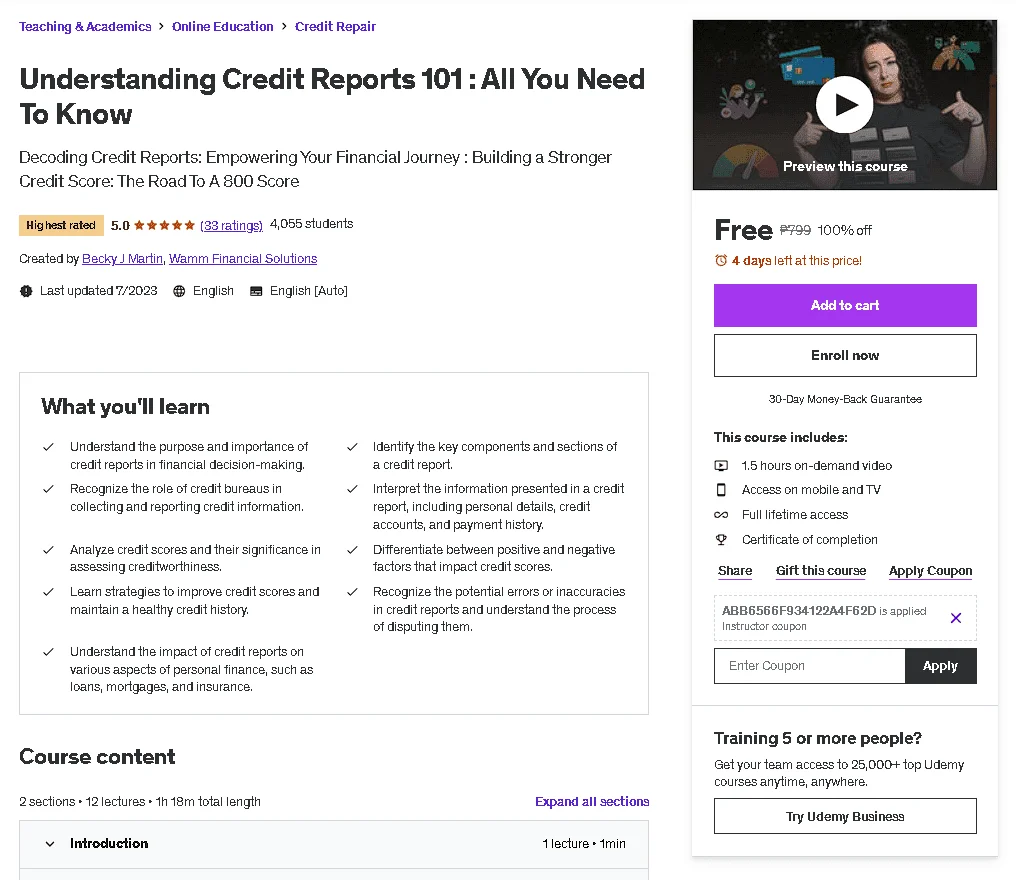 Free Udemy Course: Understanding Credit Reports 101 : All You Need To Know (Highest Rated)