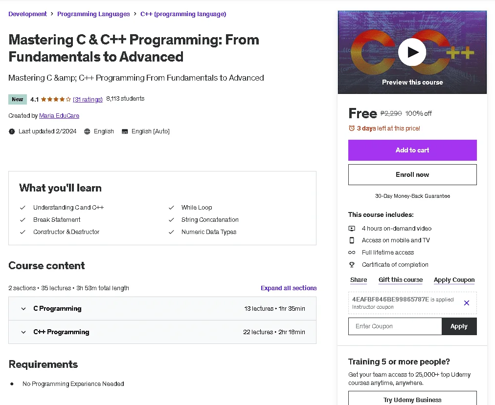 Free Udemy Course: Mastering C & C++ Programming: From Fundamentals to Advanced