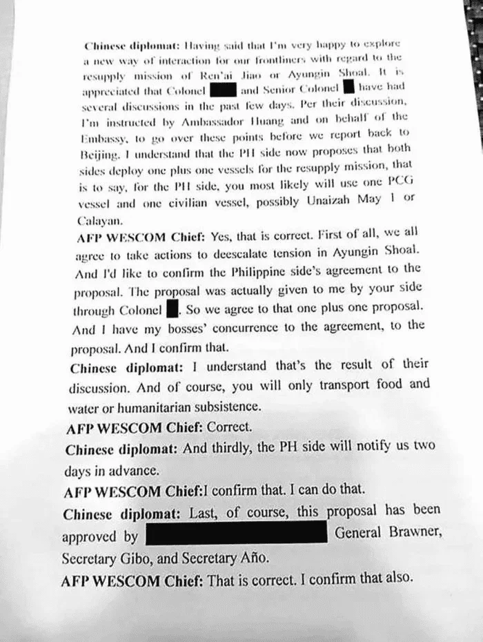 Transcript ng Pag-uusap between WESCOM and Chinese Diplomat