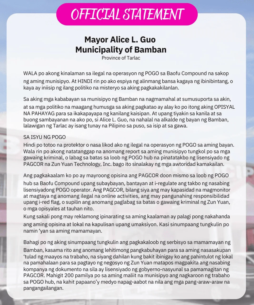 Official Statement of Mayor Alice L. Guo