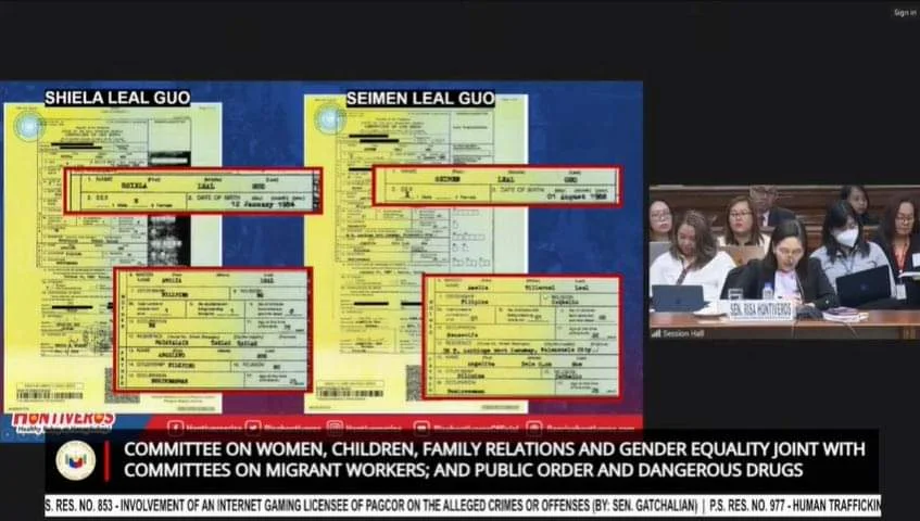 Sen. Risa Hontiveros presented a PSA certification that there was no record of marriage for Angelito Guo and Amelia Leal.