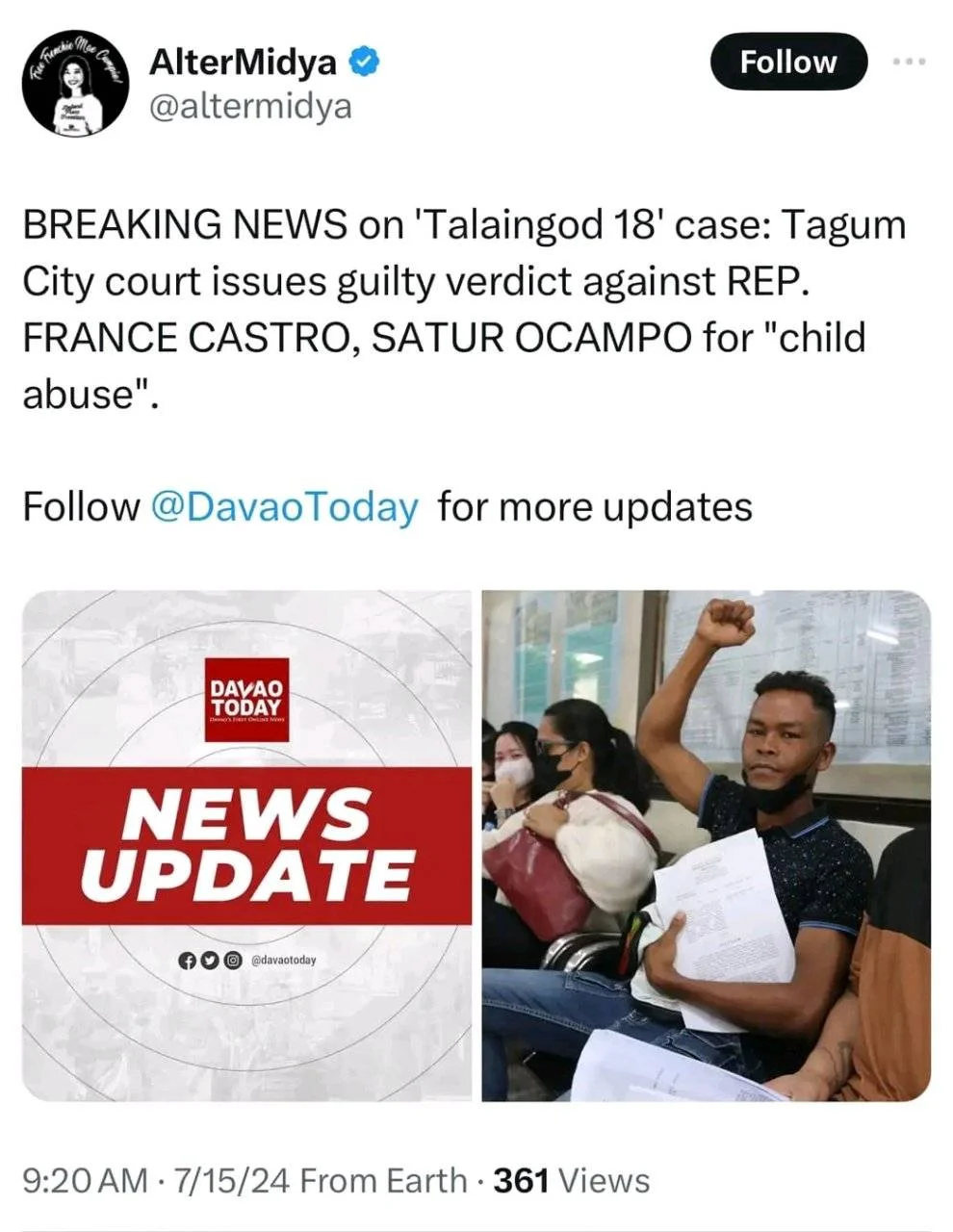 Satur Ocampo And France Castro Convicted For Kidnapping.