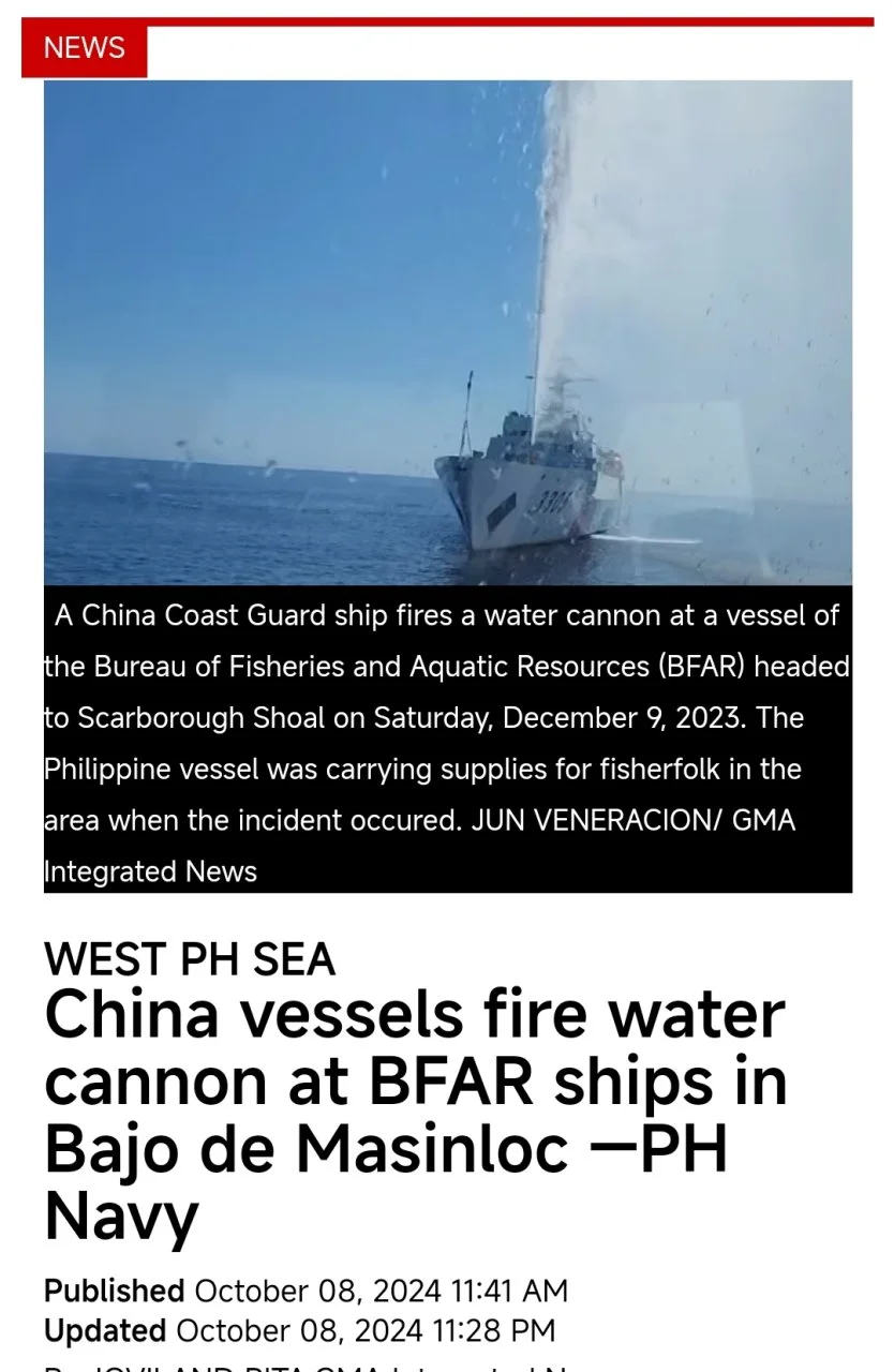 China vessels fire water cannon at BFAR ships in Bajo de Masinloc PH Navy