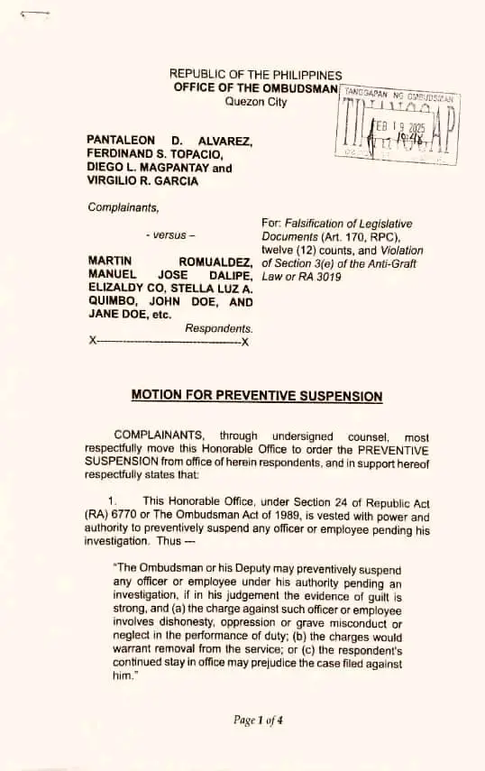 Preventive Suspension against Speaker Martin Romualdez, Majority Leader Mannix Dalipe, Zaldy Co, and Stella Quimbo.