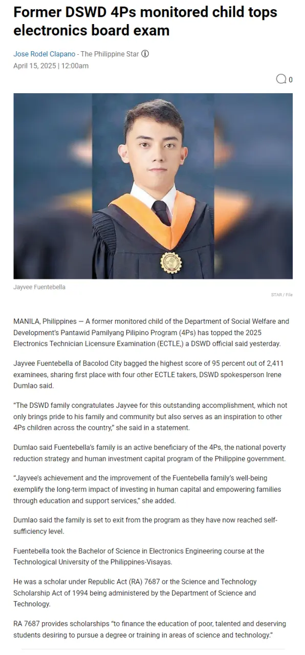 Former DSWD 4Ps monitored child tops electronics board exam