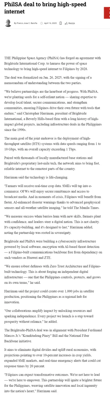 PhilSA deal to bring high-speed internet