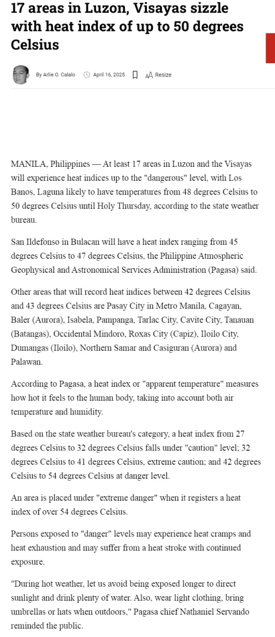 17 areas in Luzon, Visayas sizzle with heat index of up to 50 degrees Celsius