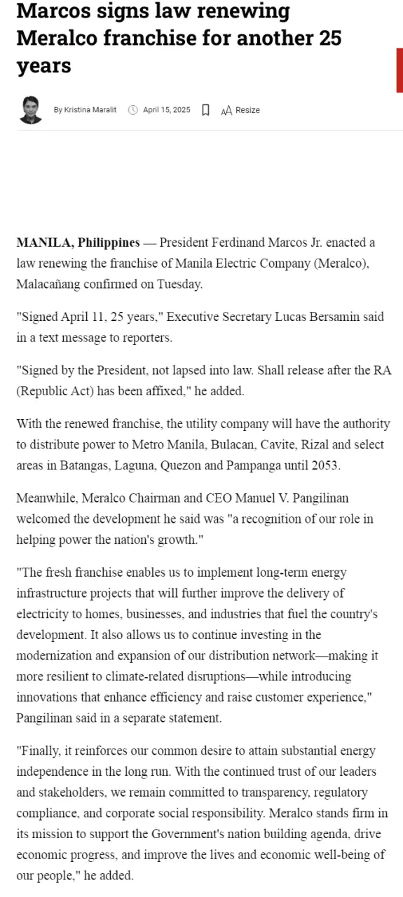 Marcos signs law renewing Meralco franchise for another 25 years