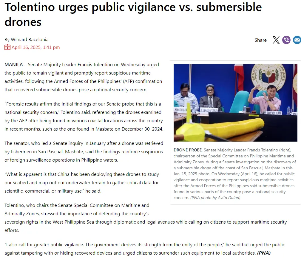 Tolentino urges public vigilance vs. submersible drones