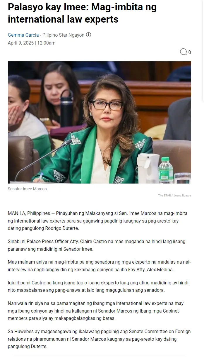 Palasyo kay Imee: Mag-imbita ng international law experts