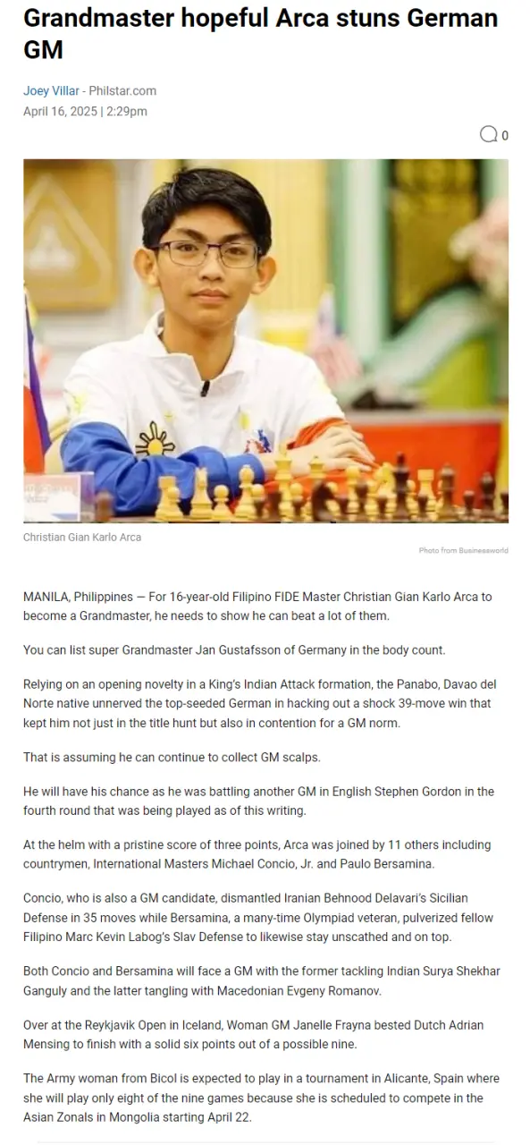 Grandmaster hopeful Arca stuns German GM