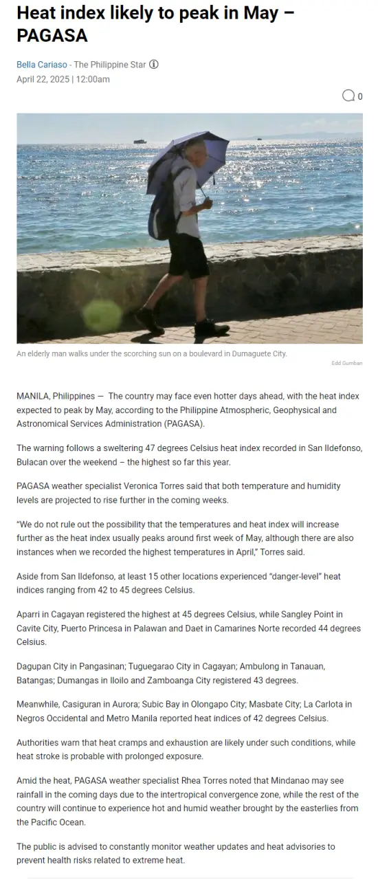 Heat index likely to peak in May  PAGASA
