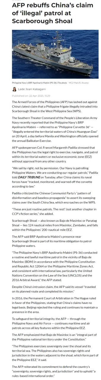 AFP rebuffs China's claim of îllégâl' patrol at Scarborough Shoal