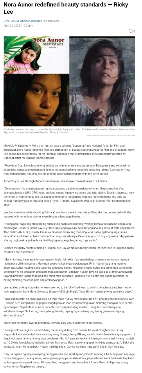 Nora Aunor redefined beauty standards  Ricky Lee