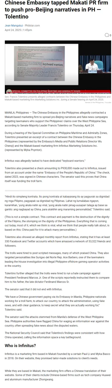 Chinese Embassy tapped Makati PR firm to push pro-Beijing narratives in PH  Tolentino